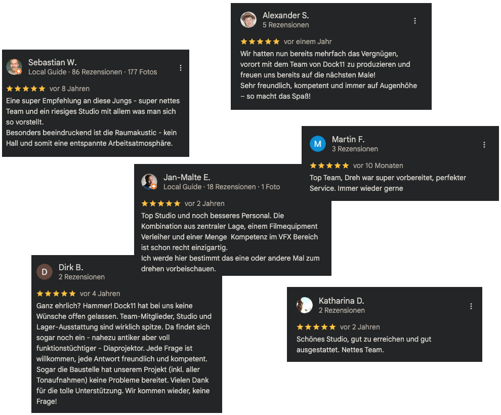 Bewertungen und Kommentare von Kunden über ein Tonstudio, positiv, mit Sternebewertungen, Namen und Daten