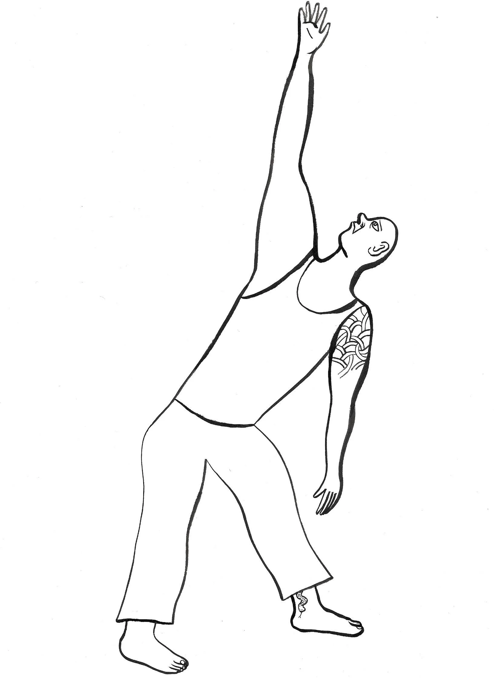 Line drawing of a person with a muscular build, raising one arm upward, and other arm hanging down, wearing loose pants, with a tattoo on the shoulder and looking upward.