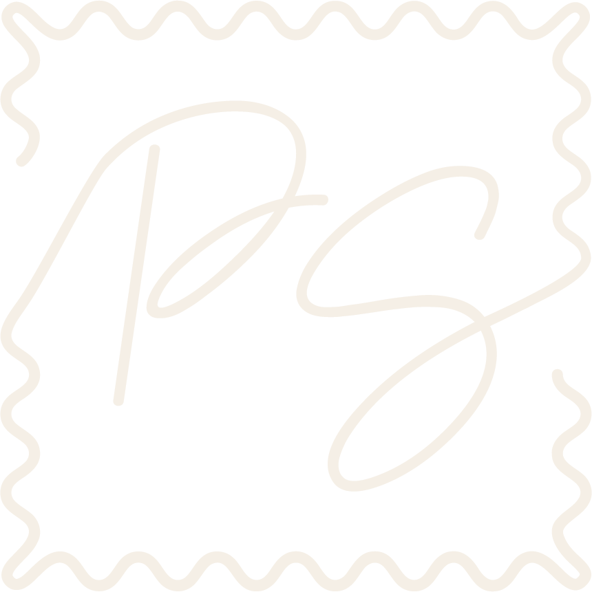 A logo with white cursive initials 'P S' and a decorative border.