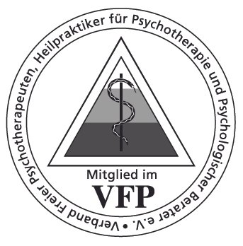 Logo einer Organisation für Psychotherapeuten, mit Text 'Mitglied im VFP' und einer medizinischen Schlange in einem Dreieck.