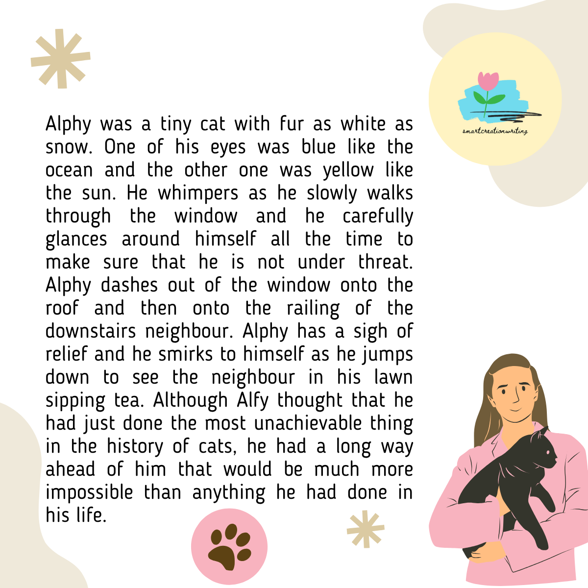 Illustration of a woman holding a black cat with a pink shirt, a logo with a pink flower and blue water, and decorative elements like a paw print and asterisks.