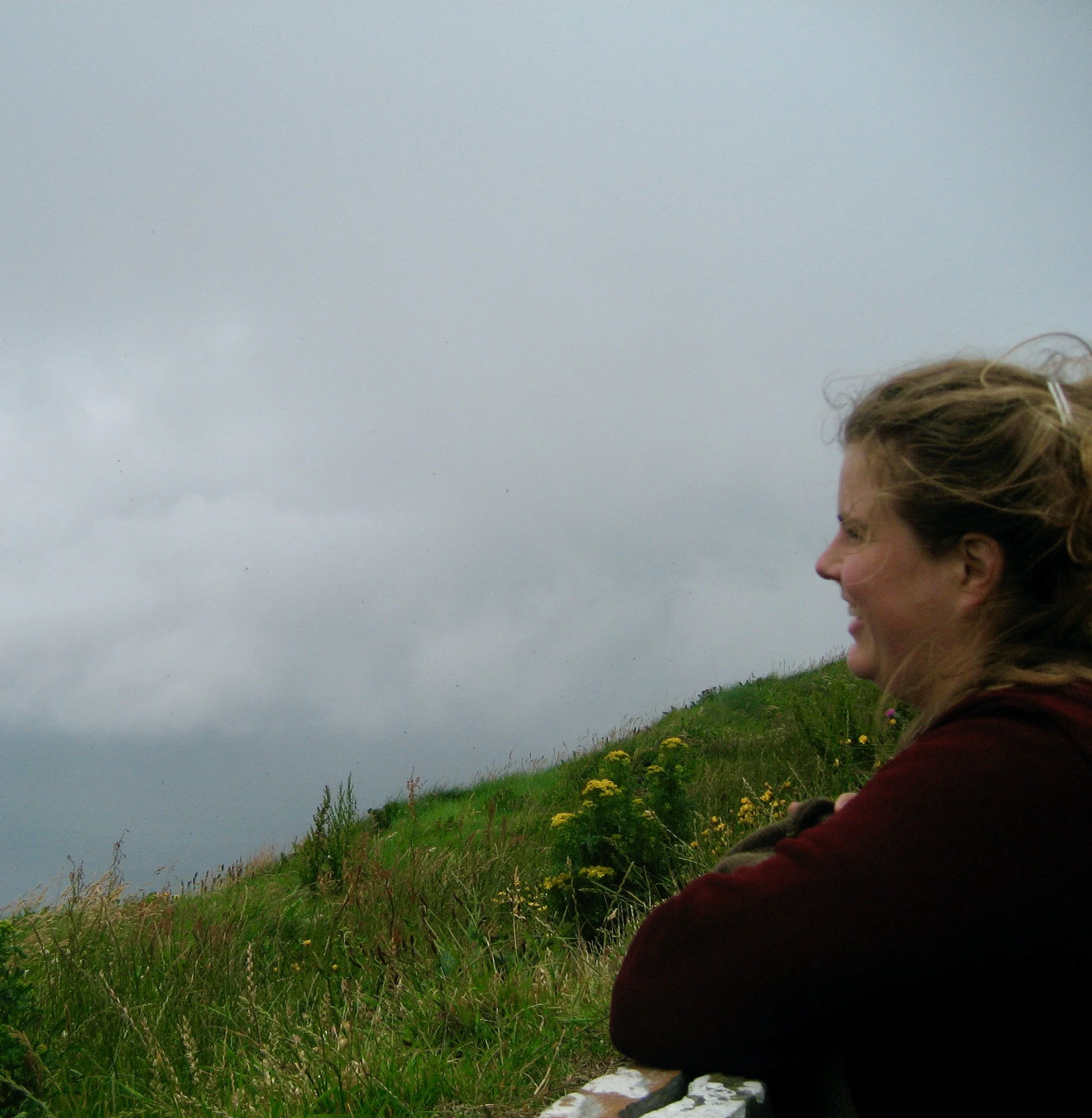 A woman smiling and sitting on a grassy hillside with wildflowers, looking at a cloudy sky.