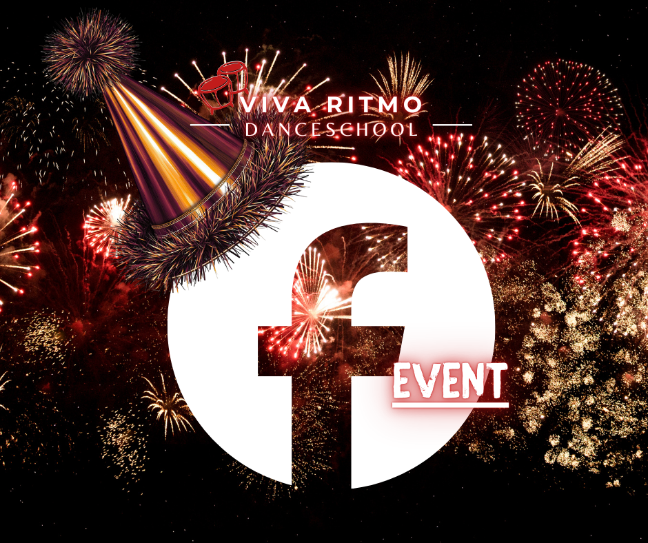 Fireworks display celebrating an event at Viva Ritmo Dance School, with text indicating a Facebook event invitation and a party hat graphic.
