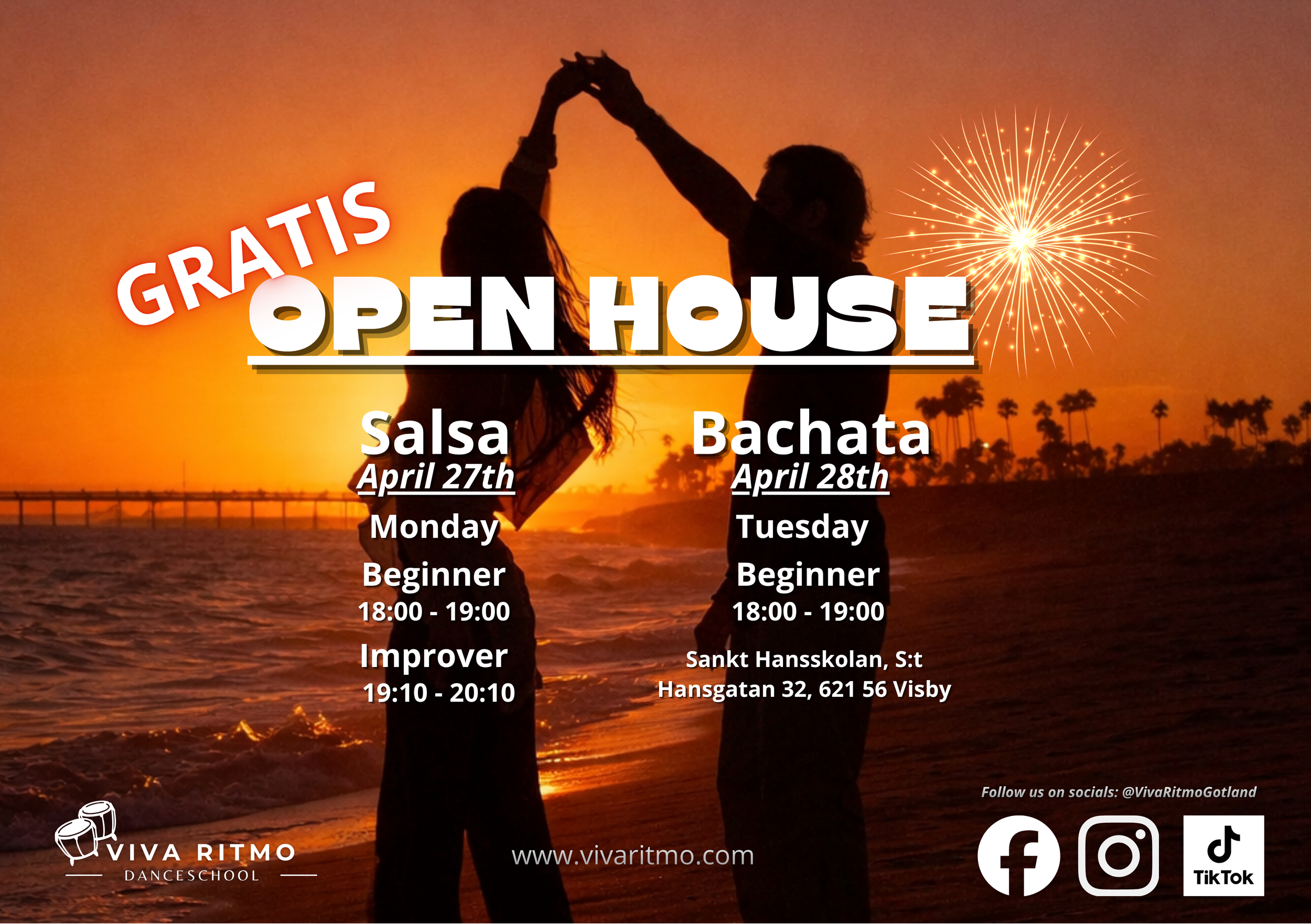 Postersäkerhet för en dansskola, Viva Ritmo Danceschool, med en bakgrundsbild av en man och en kvinna som dansar tillsammans på stranden vid solnedgång, med fyrverkerier i bakgrunden. Evenemang som nämns är gratis öppet hus med salsa den 27 april och bachata den 28 april, inklusive tider, plats och sociala medieinfo.