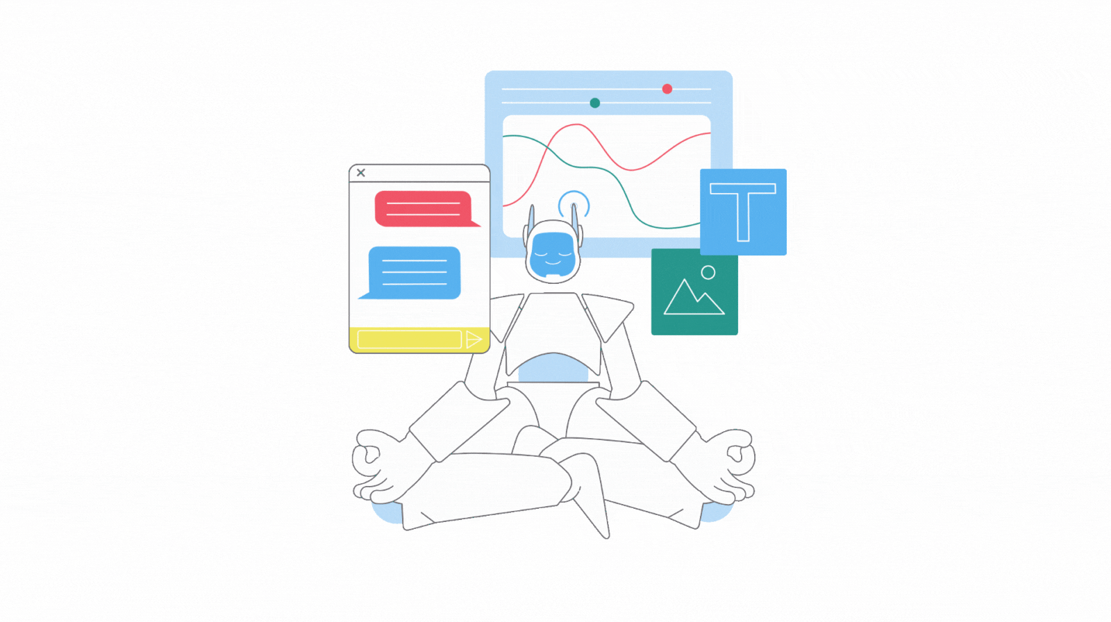 Illustration of a robot in a meditative pose with various digital icons and charts around its head, representing technology, data analysis, and communication.