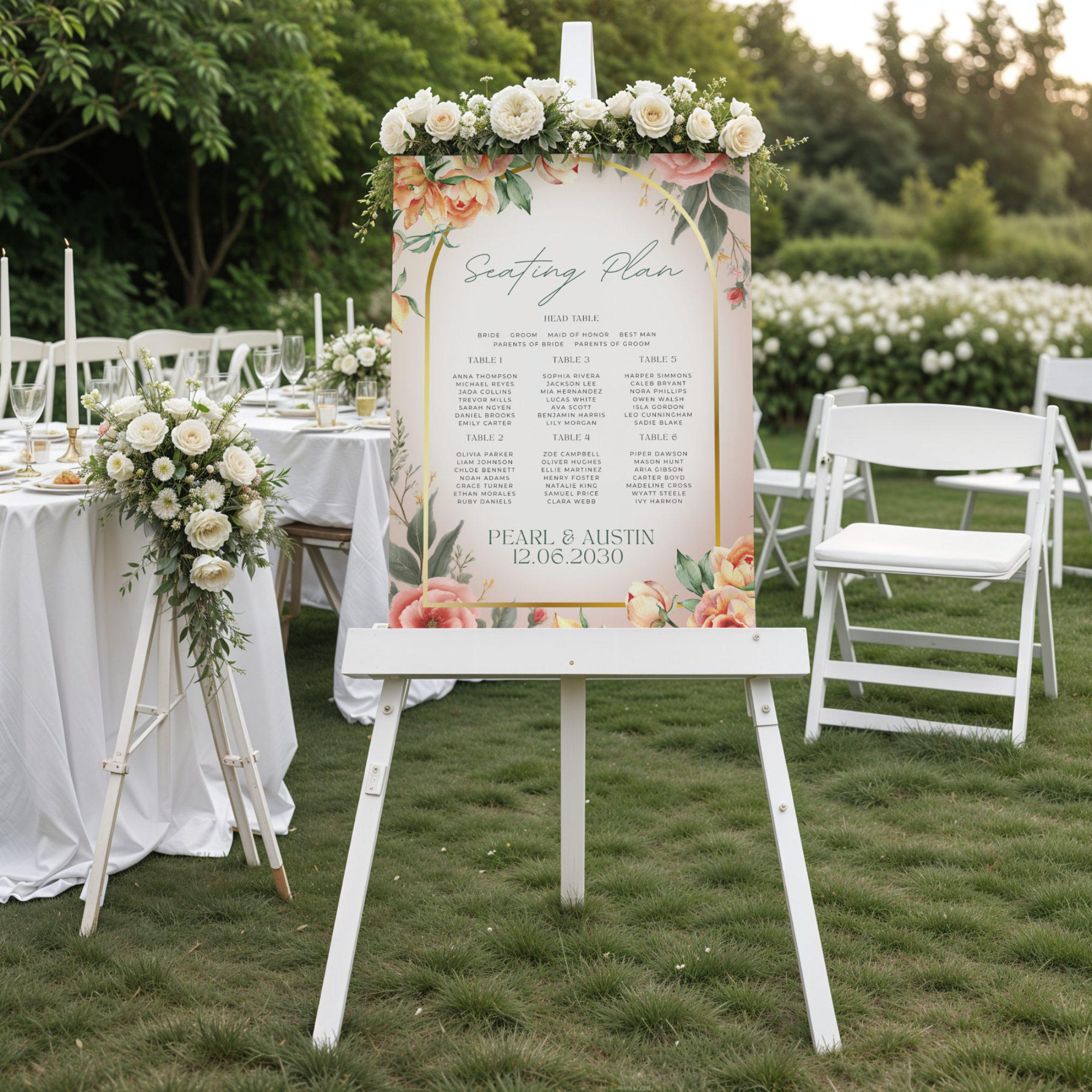 Wedding seating plan display with floral design on an easel at an outdoor reception, surrounded by decorated tables and chairs.