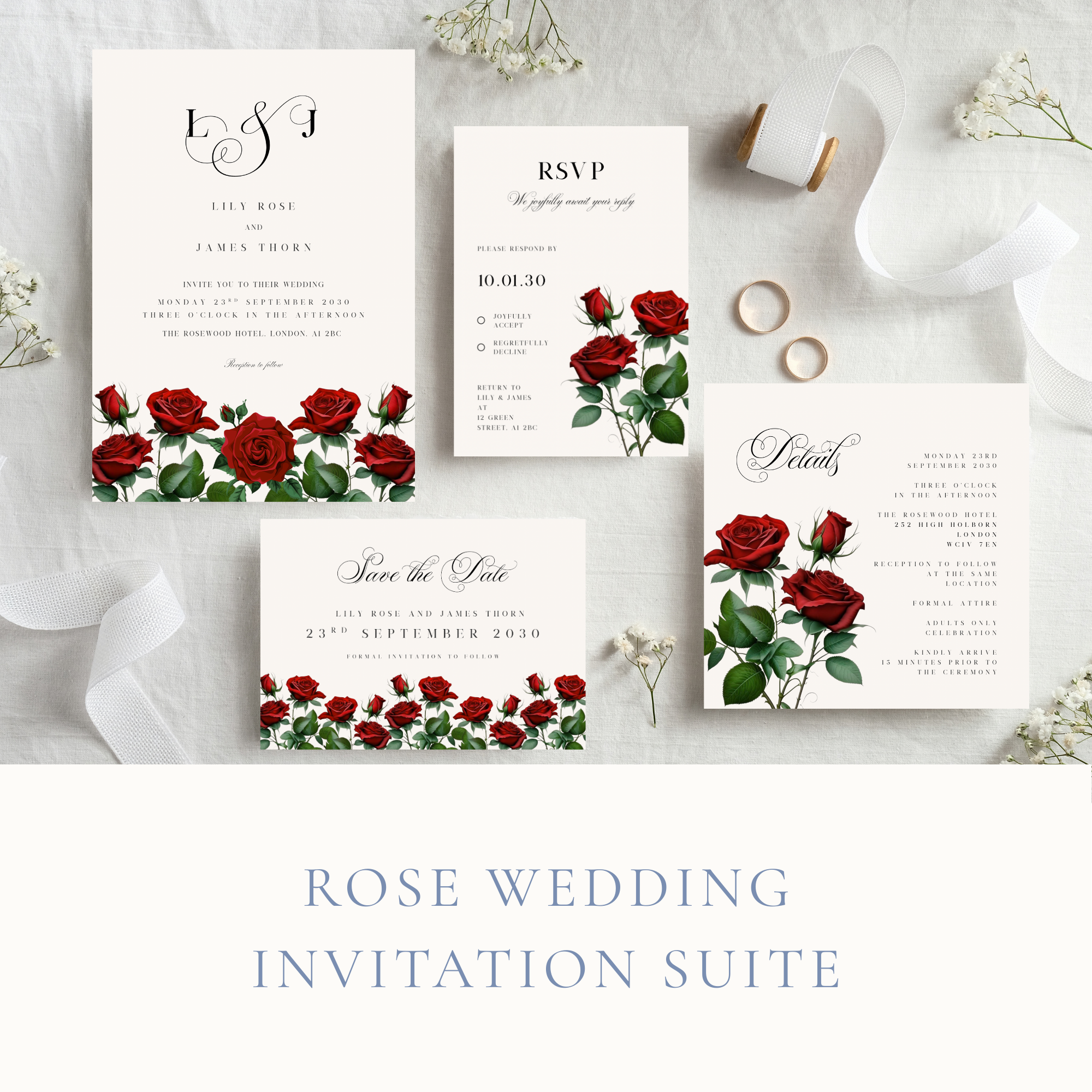 Rose Wedding Invitation Suite | Canva Template (Digital Download)