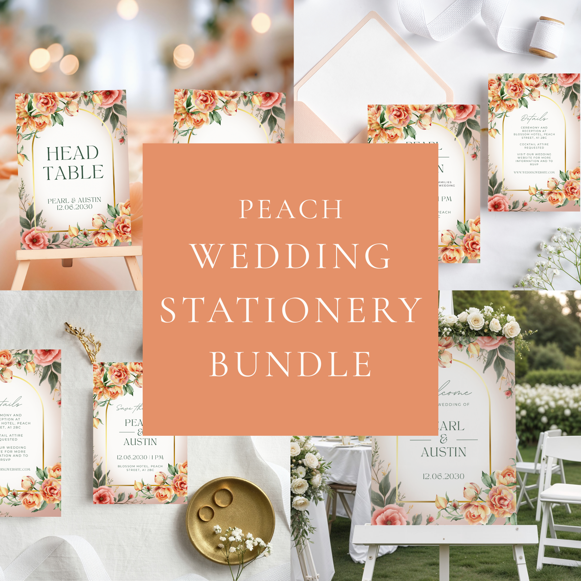 Peach Floral Wedding Stationery Bundle | Editable Canva Templates (Digital Download)