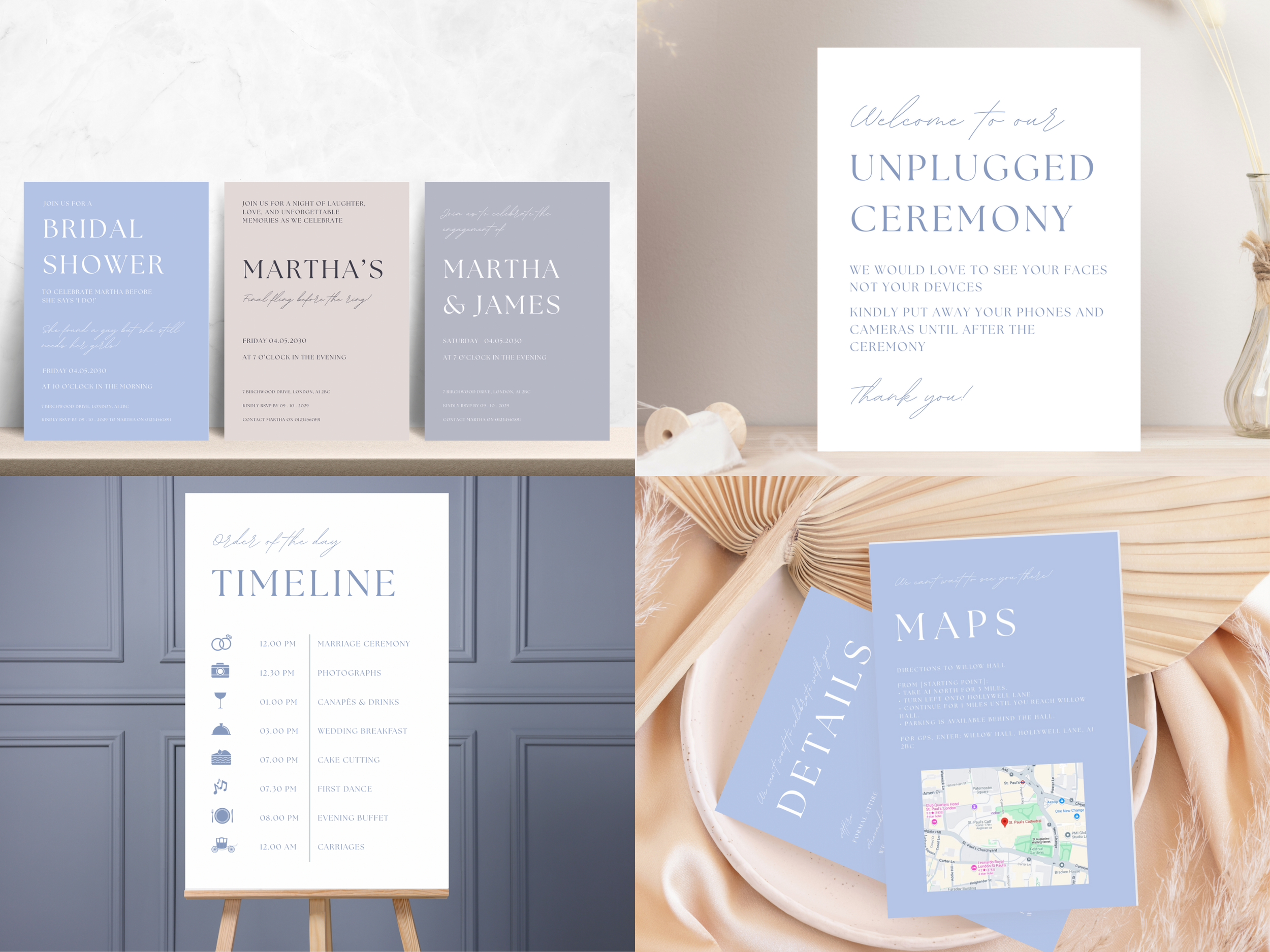 Wedding event planning materials, including invitations, schedule, directions, and map, predominantly in soft blue and white colors with elegant fonts.
