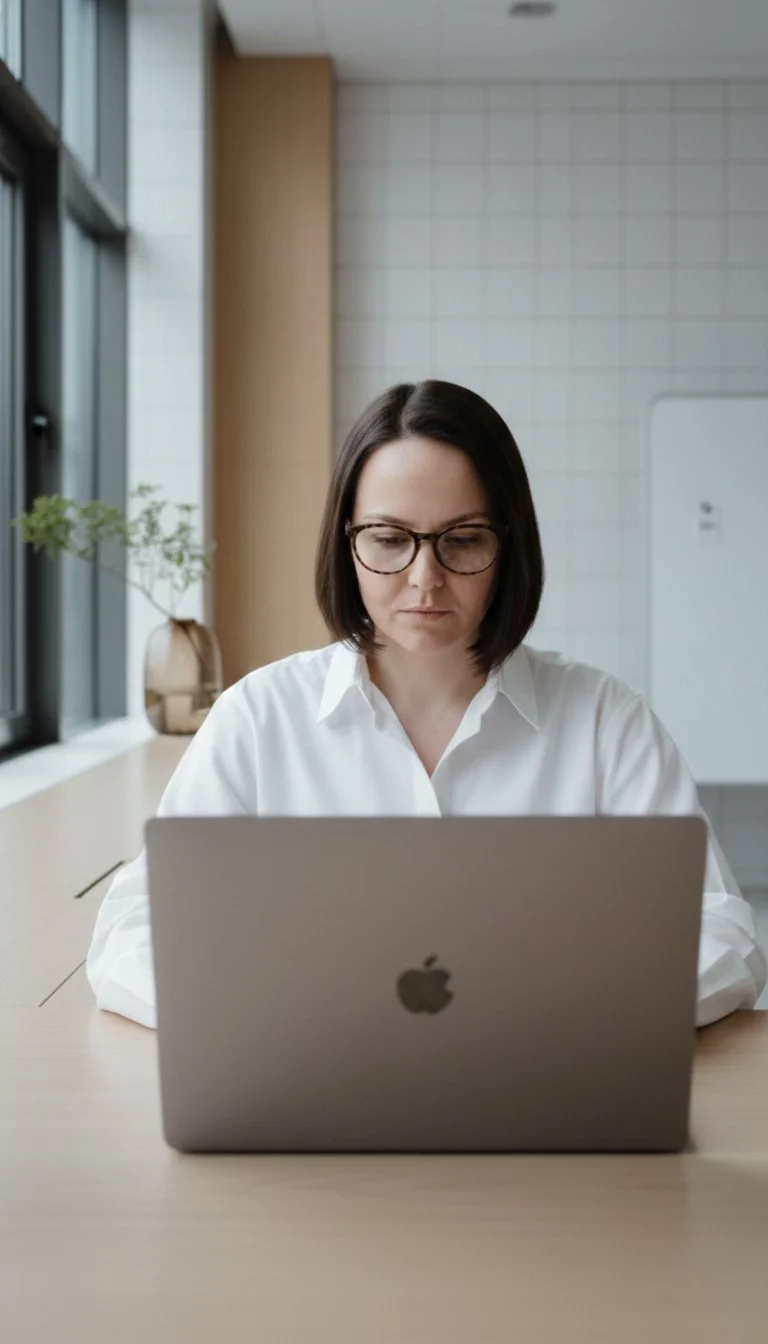 A woman with dark hair and glasses working on a laptop in a bright office or cafe with large windows and indoor plants.