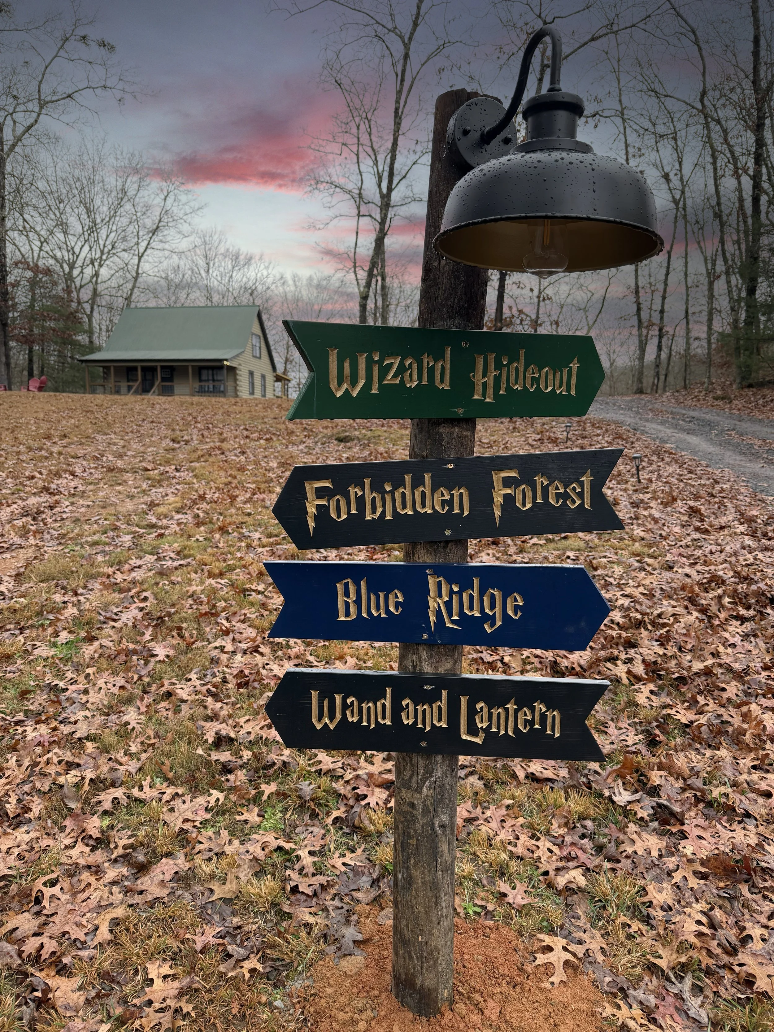 Welcome sign at the Harry Potter airbnb in Blue Ridge, Georgia