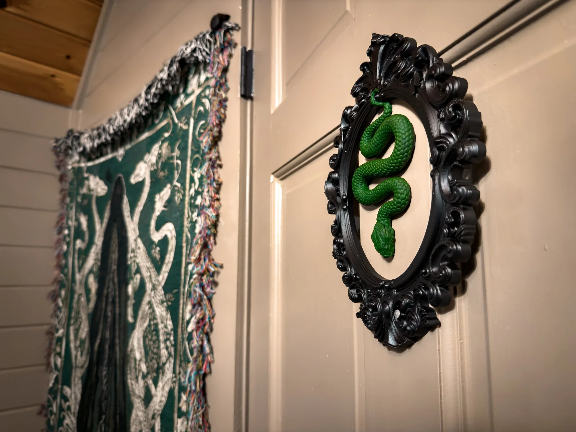 Slytherin decor at The Wizard Hideout in Blue Ridge, Georgia