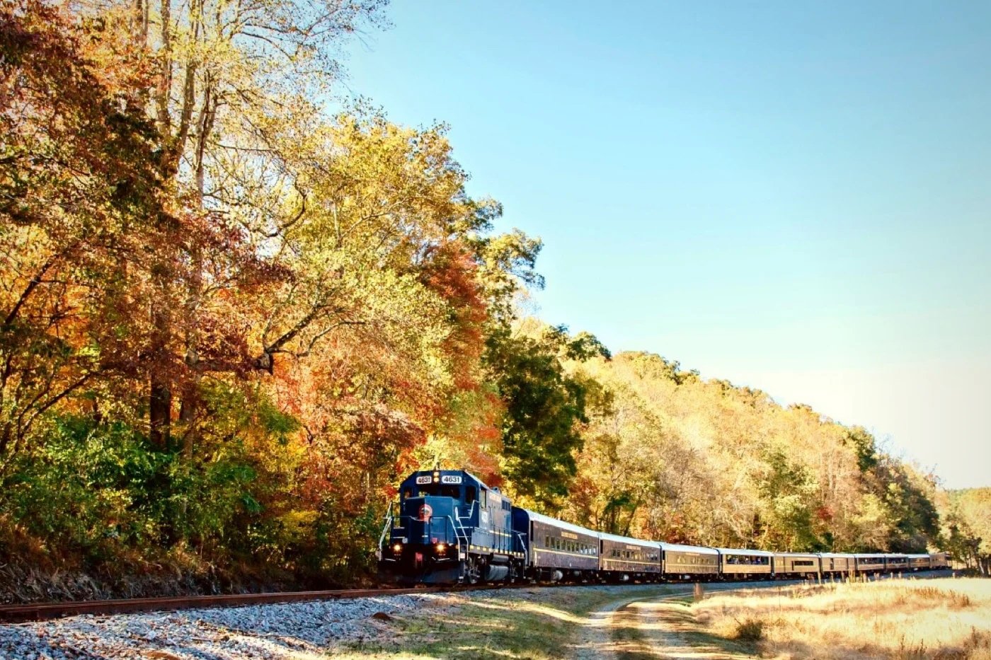The Blue Ridge Scenic Railway on the train tracks going through the forest