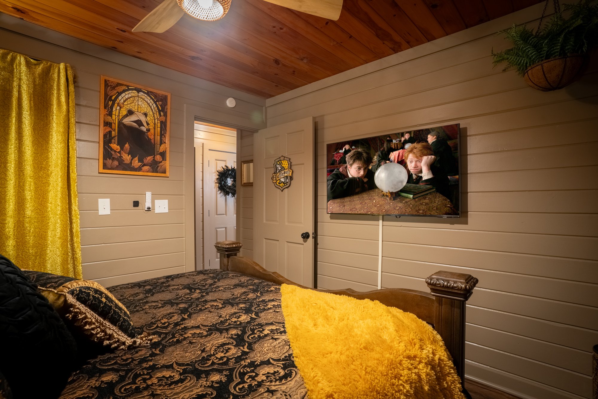 The TV in the Hufflepuff bedroom at The Wizard Hideout in Blue Ridge, Georgia