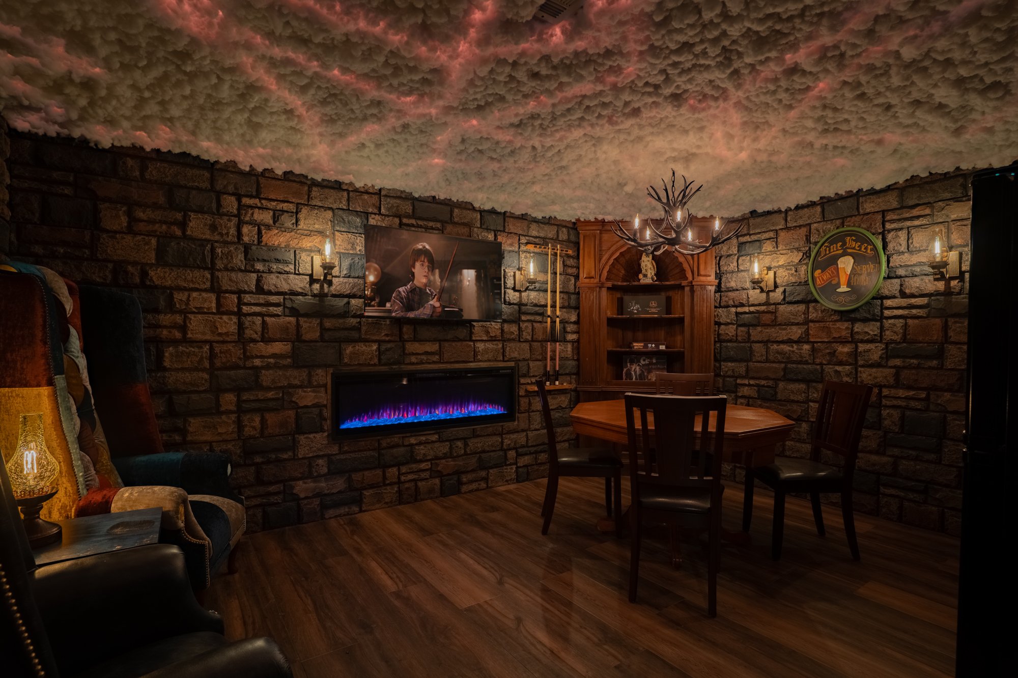 Hidden tavern room inside The Wizard Hideout in Blue Ridge, often considered one of the coolest Airbnbs in Georgia