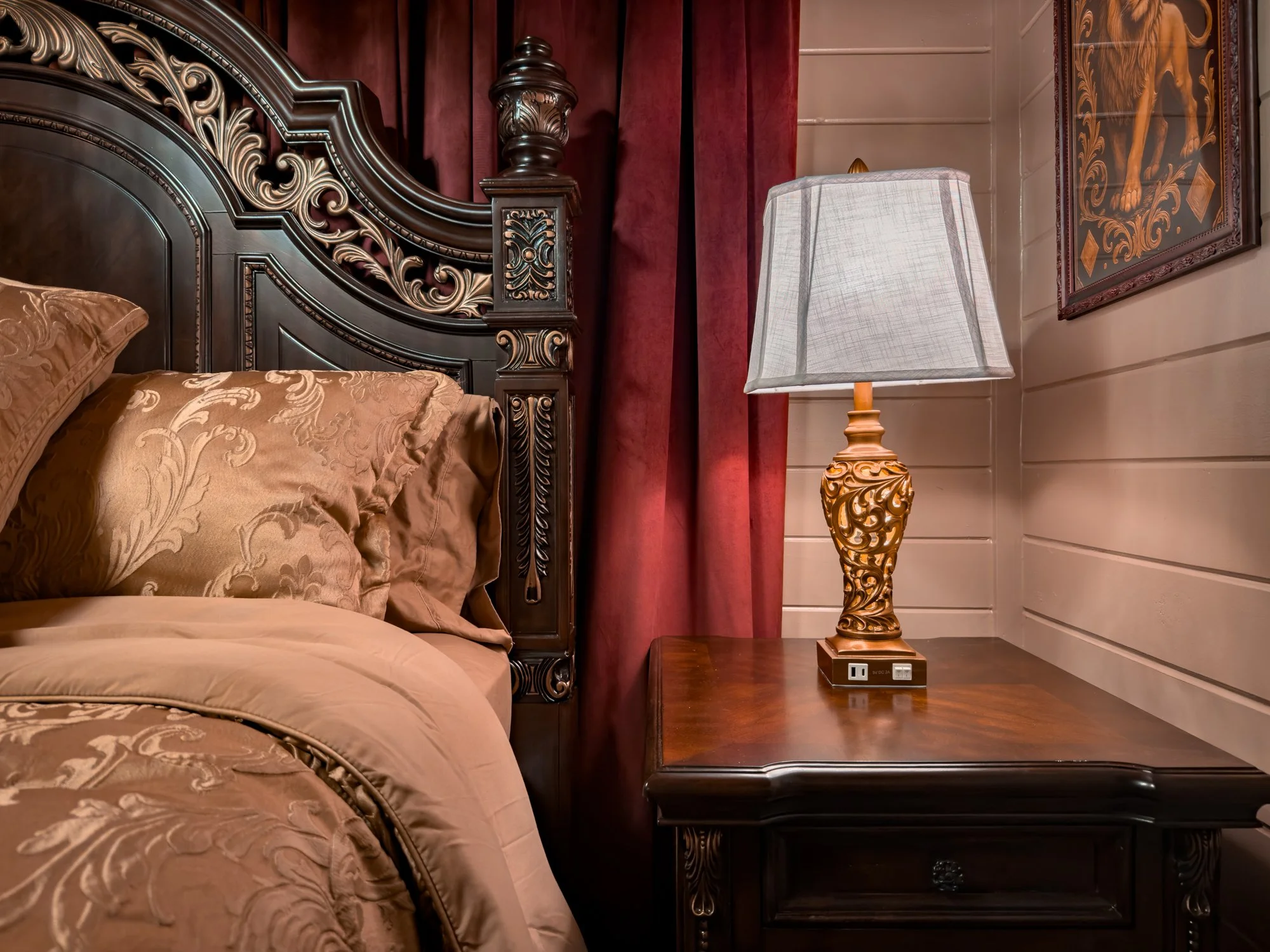 The Gryffindor nightstand at The Wizard Hideout in Blue Ridge, Georgia