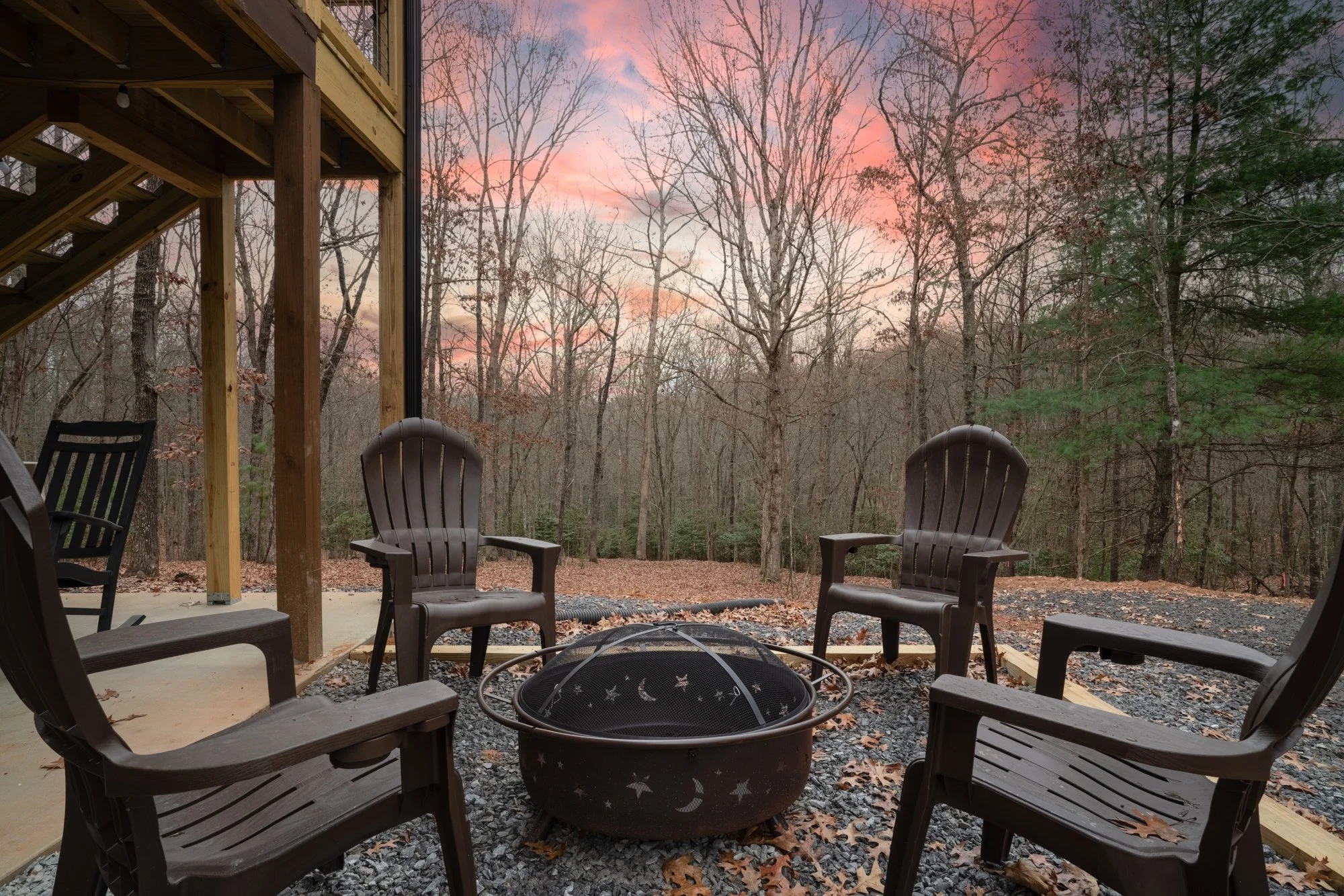 Fire pit area at sunset from blue ridge cabins