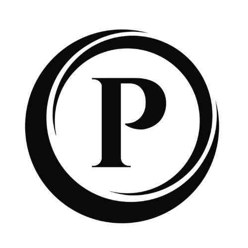 Black and white logo with the letter 'P' inside a circular design.