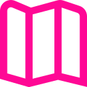 Icon of a folded map with pink outlines on a white background.