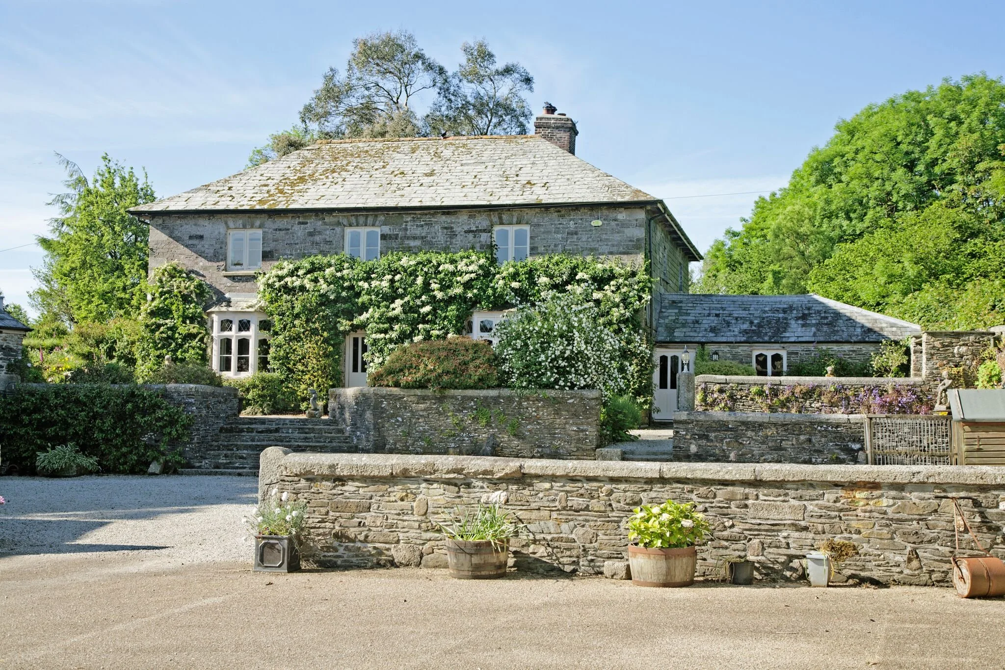 A stone house with blooming white flowers and green foliage, a stone staircase, and potted plants in the foreground on a sunny day.