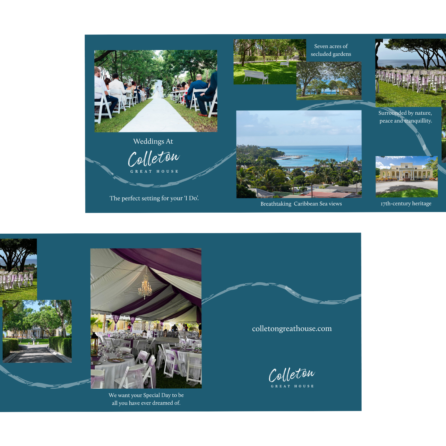 Promotional flyer for weddings at Colleton Great House featuring images of outdoor gardens, Caribbean Sea views, historic architecture, and elegant indoor event space decorated with chandeliers and purple drapes.