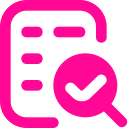 Pink icon of a clipboard with a magnifying glass and checkmark