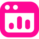 Pink icon with a smiling face and bar graph in the mouth area.