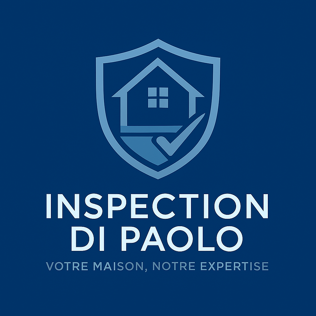 Logo of a home inspection company featuring a house and a shield, with the text "Inspection di Paolo" and the slogan "Your home, our expertise" below.