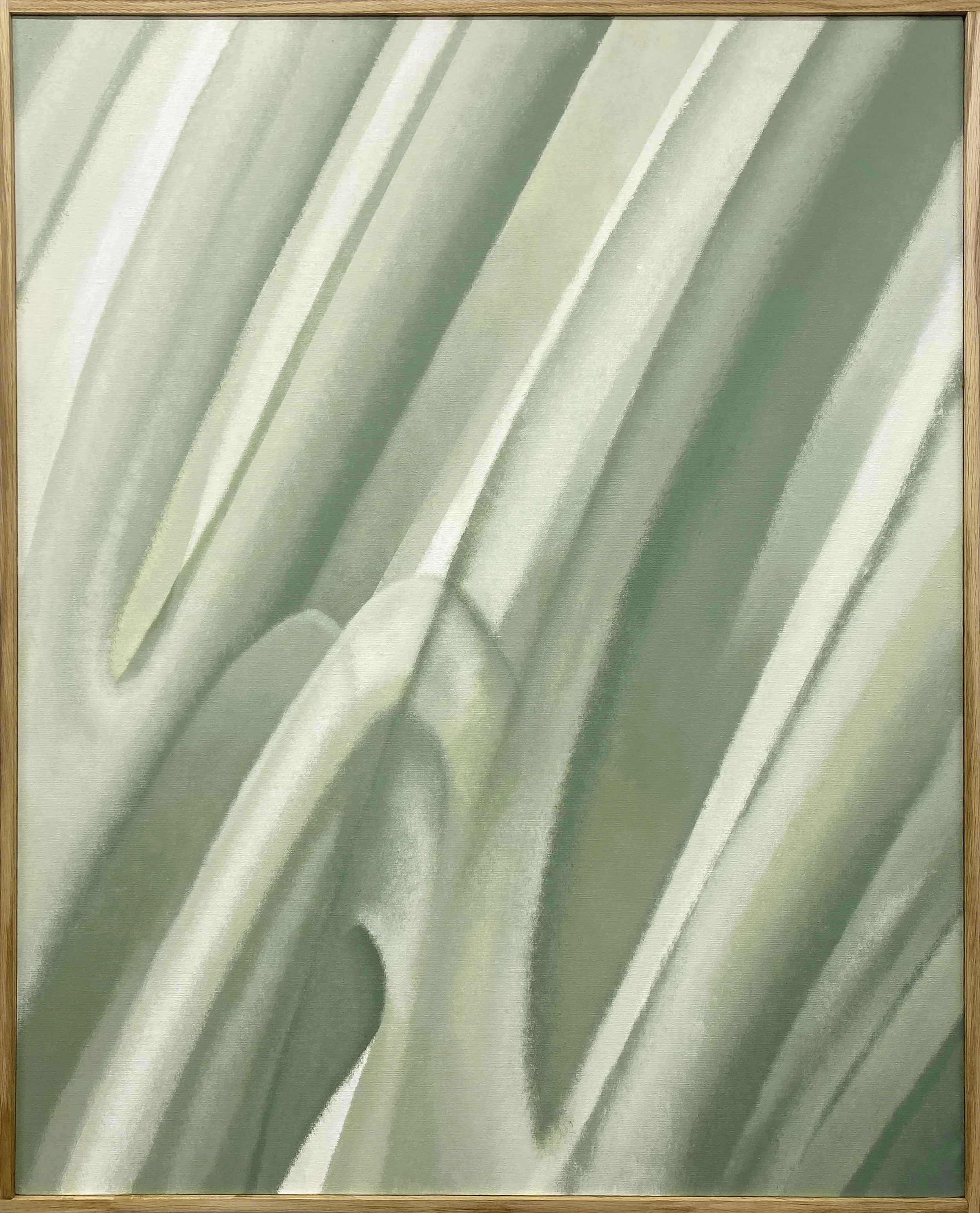Abstract painting with diagonal streaks in shades of green and white, framed with a wooden frame. abstract artist Poland contemporary painter Poland I Paweł Lubiński I Warsaw