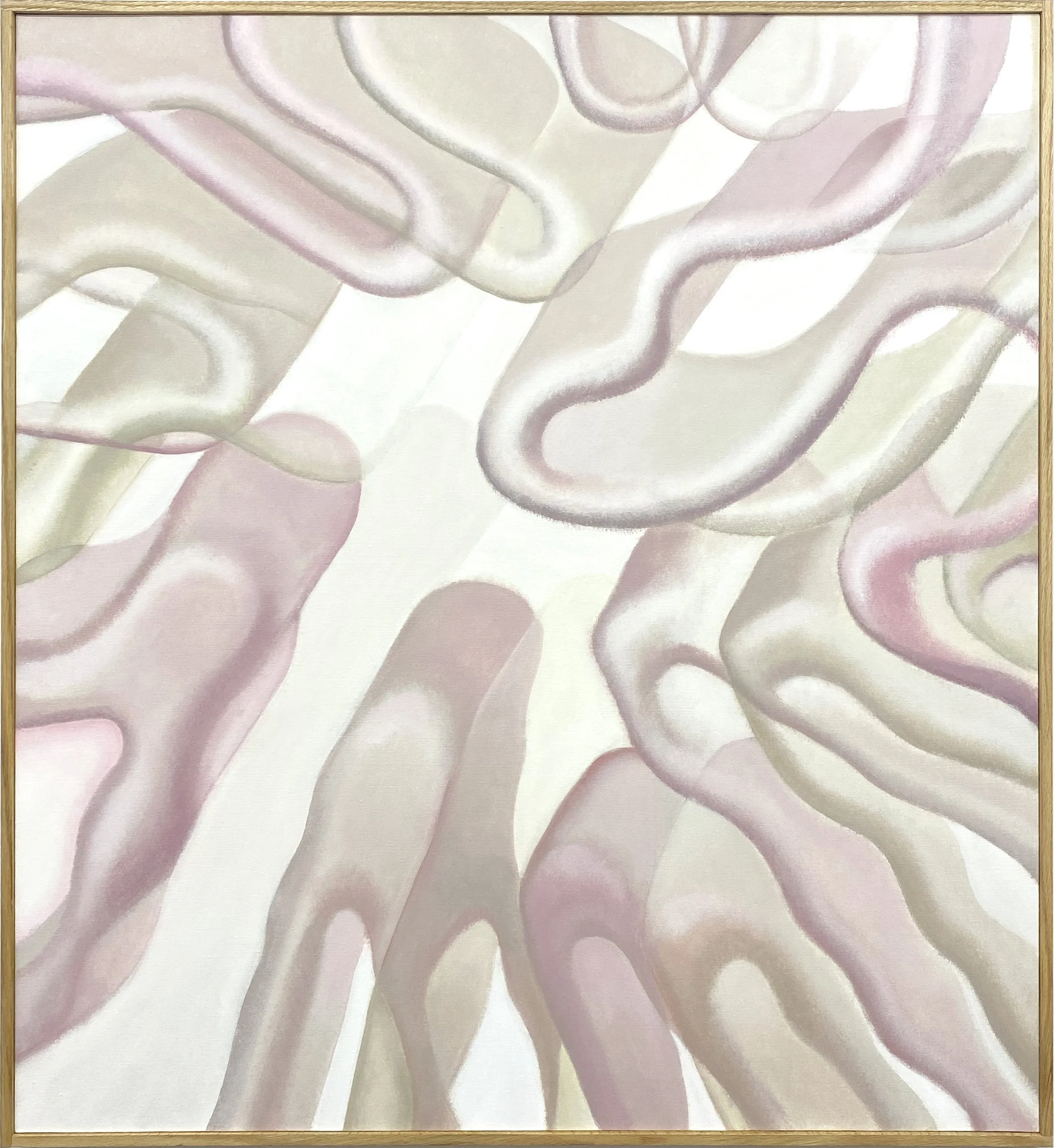 Abstract painting with curving lines and circular shapes in soft pink, cream, and beige tones I Paweł Lubiński I Warsaw