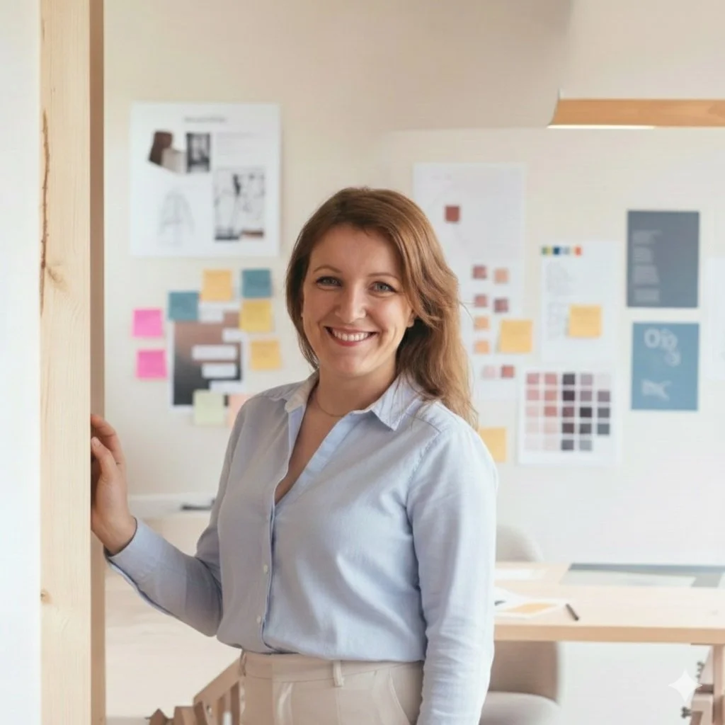 A woman with brown hair smiling and wearing a light blue shirt poses in an office space with colorful posters and notes on the wall behind her.