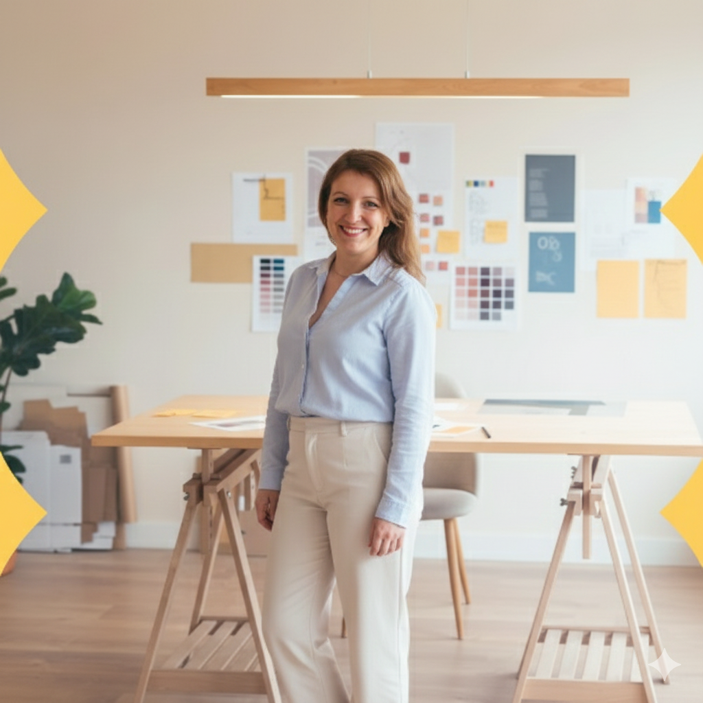 A woman standing in an office or creative workspace, smiling, with design and color swatches pinned to the wall behind her, and a large wooden table and chair in the background.