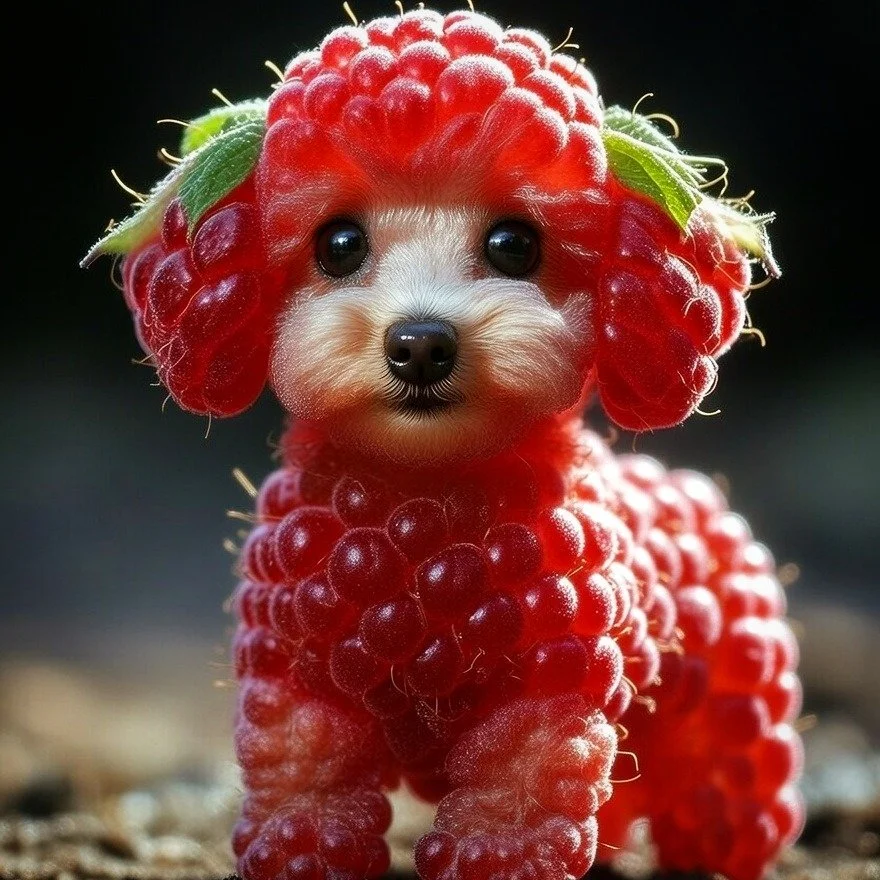 Playing with AI, asking to make a real Dog as a Raspberry. Is it a Dogberry or a Raspberdog? 😅