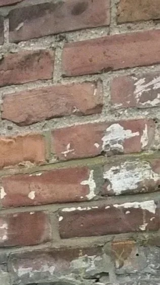 Close-up of a red brick wall with peeling white paint.