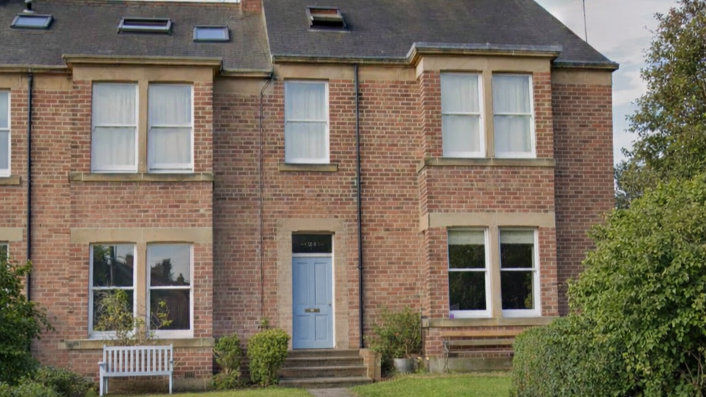 A brick two-story house, in fantastic condition after re-pointing in Hexham, Northumberland.