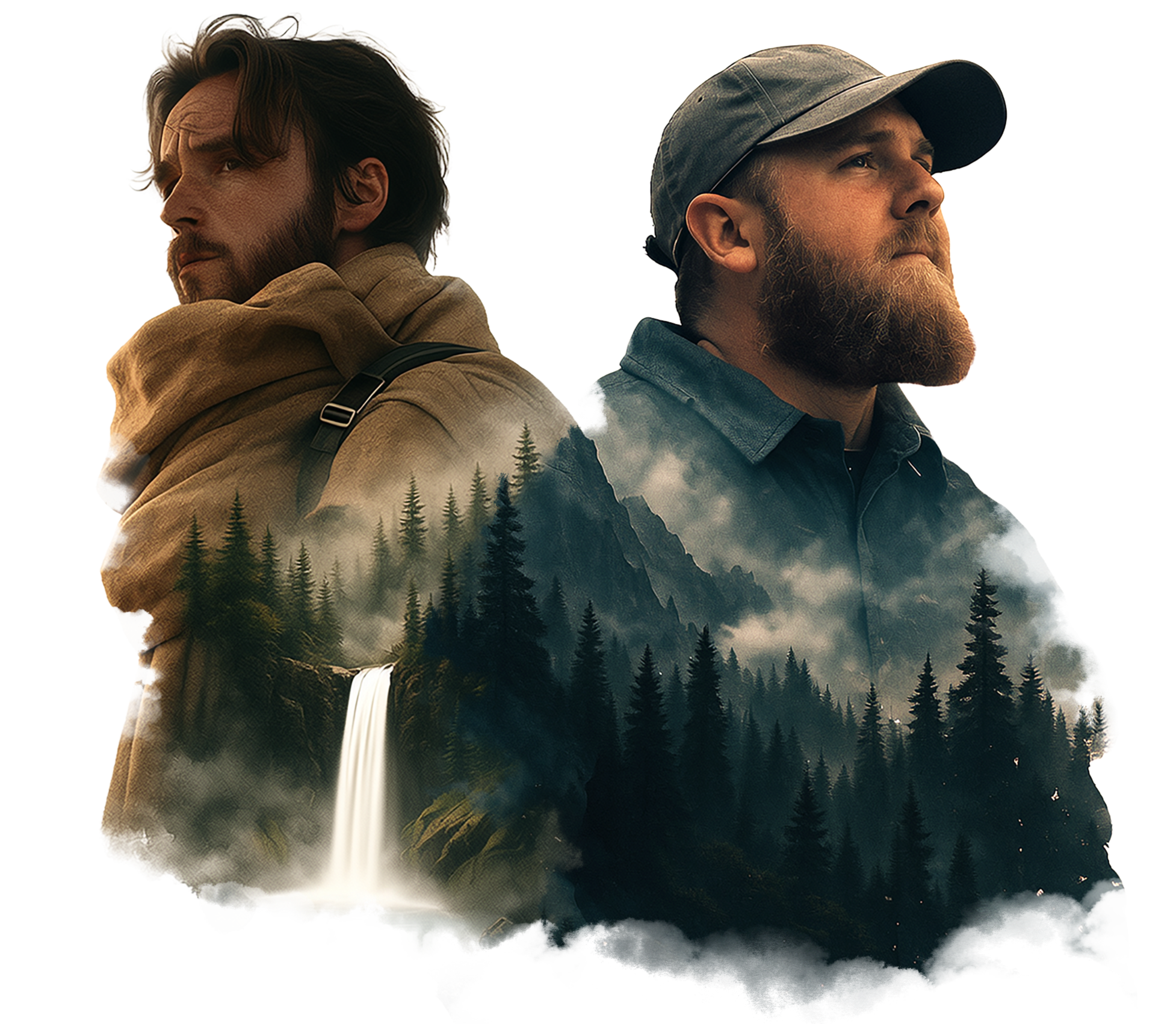 A promotional image combining of Matthew Burton and Ryker Titus in outdoor gear with a nature scene of mountains, trees, fog, and a waterfall layered within their silhouettes.