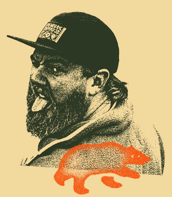 Stylized portrait of Ryker Titus, and bear icon