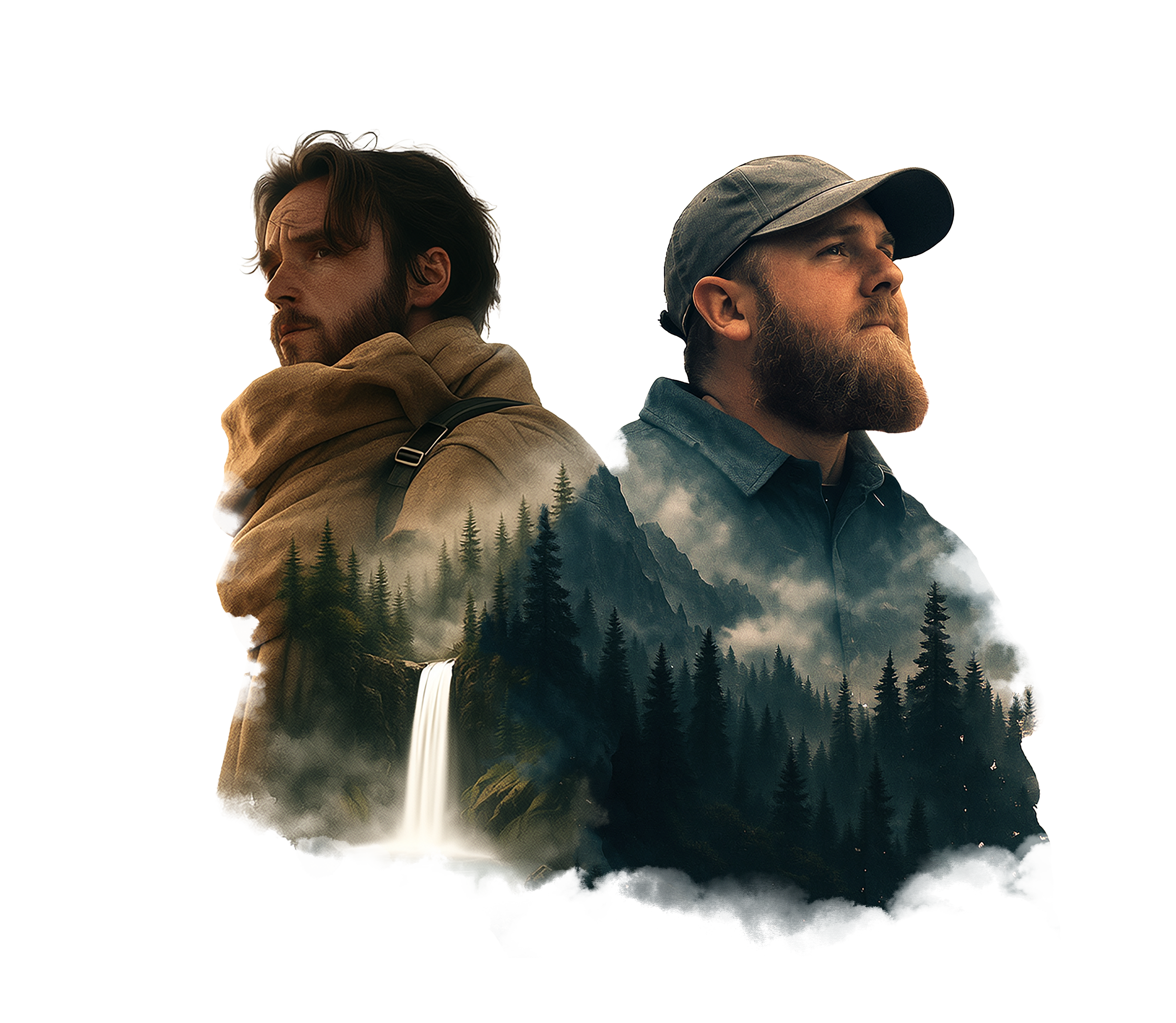 A promotional image combining of Matthew Burton and Ryker Titus in outdoor gear with a nature scene of mountains, trees, fog, and a waterfall layered within their silhouettes.