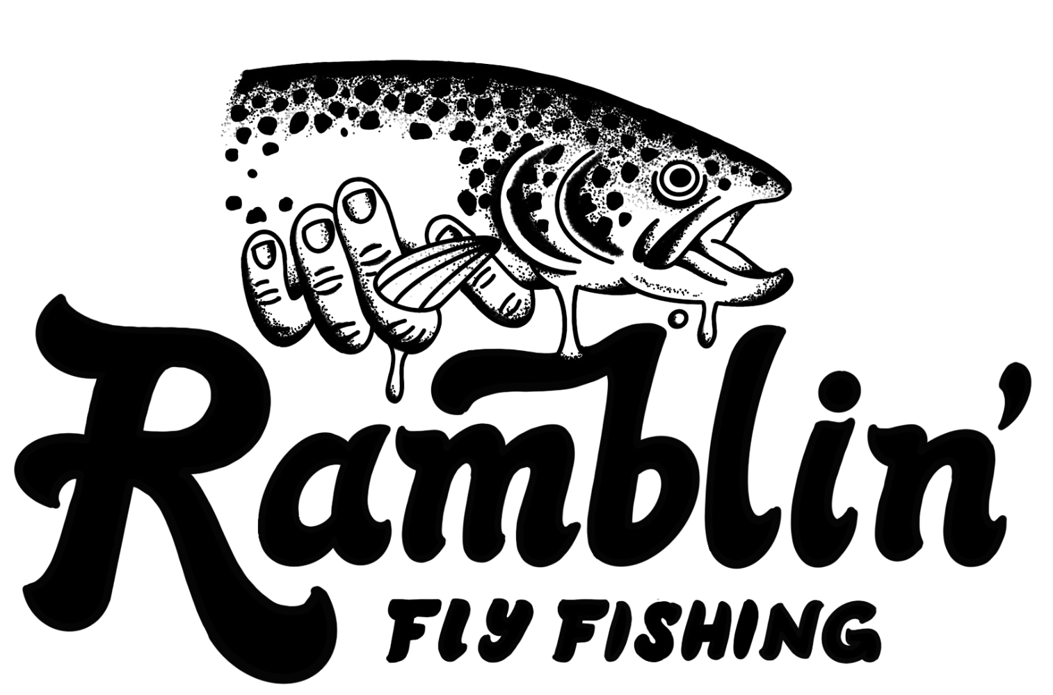 Logo for Ramblin Fly Fishing shows a stylized fish jumping over the word 'Ramblin' with 'Fly Fishing' written underneath.