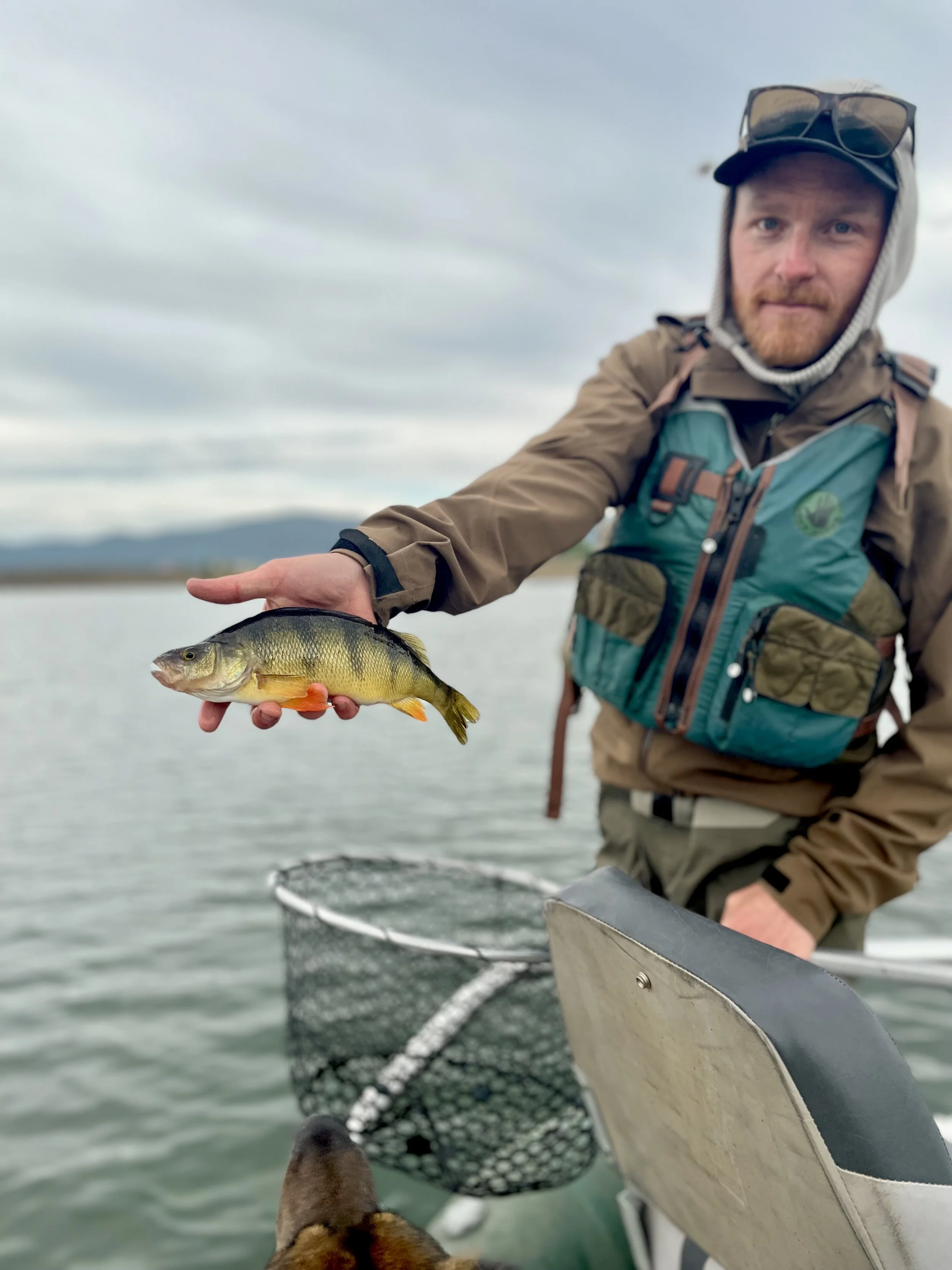 A man in outdoor gear holding a fish on a boat with a body of water and cloudy sky in the background.