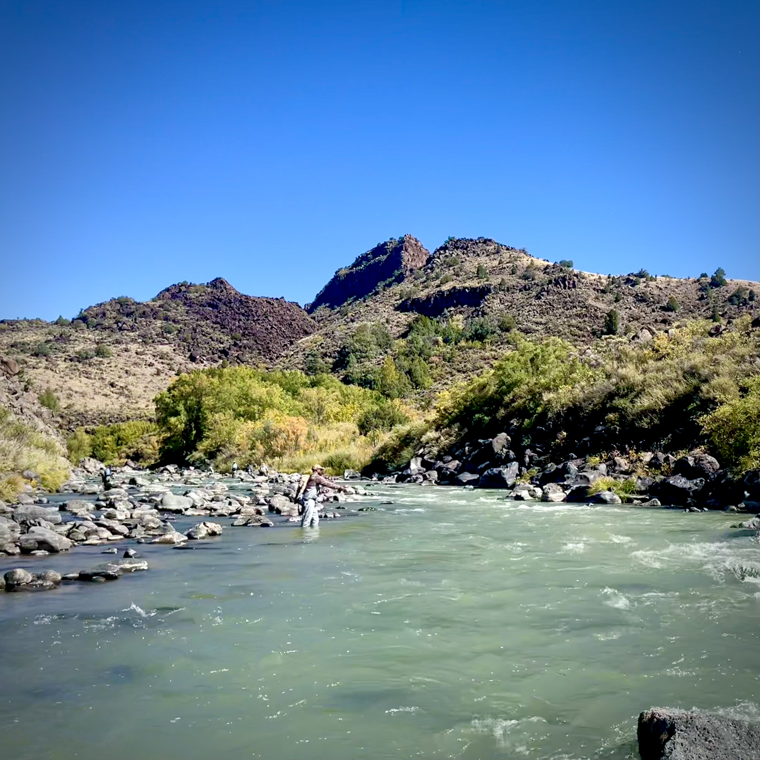 People fishing in a river with rocky banks, green trees, and mountainous terrain under a clear blue sky.