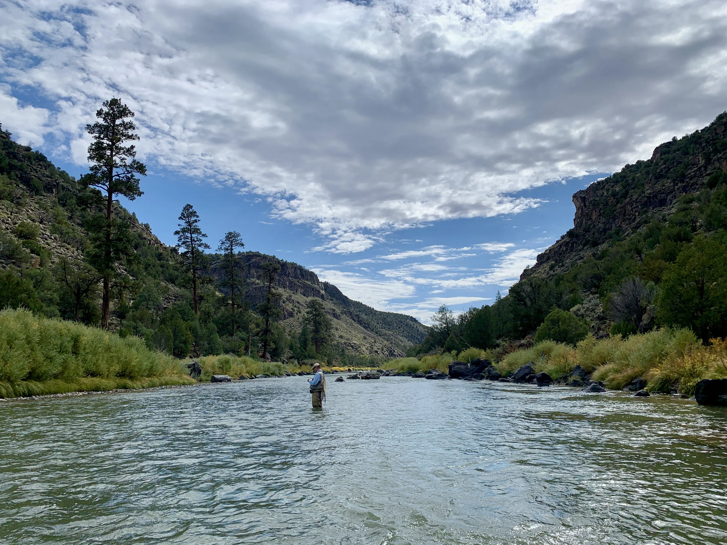 A person fishing in a river surrounded by mountains and trees under a partly cloudy sky.