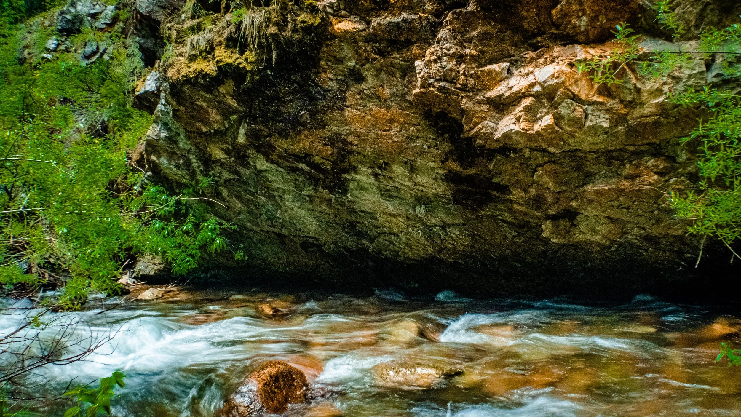 A rocky overhang with flowing water underneath, surrounded by lush green vegetation.