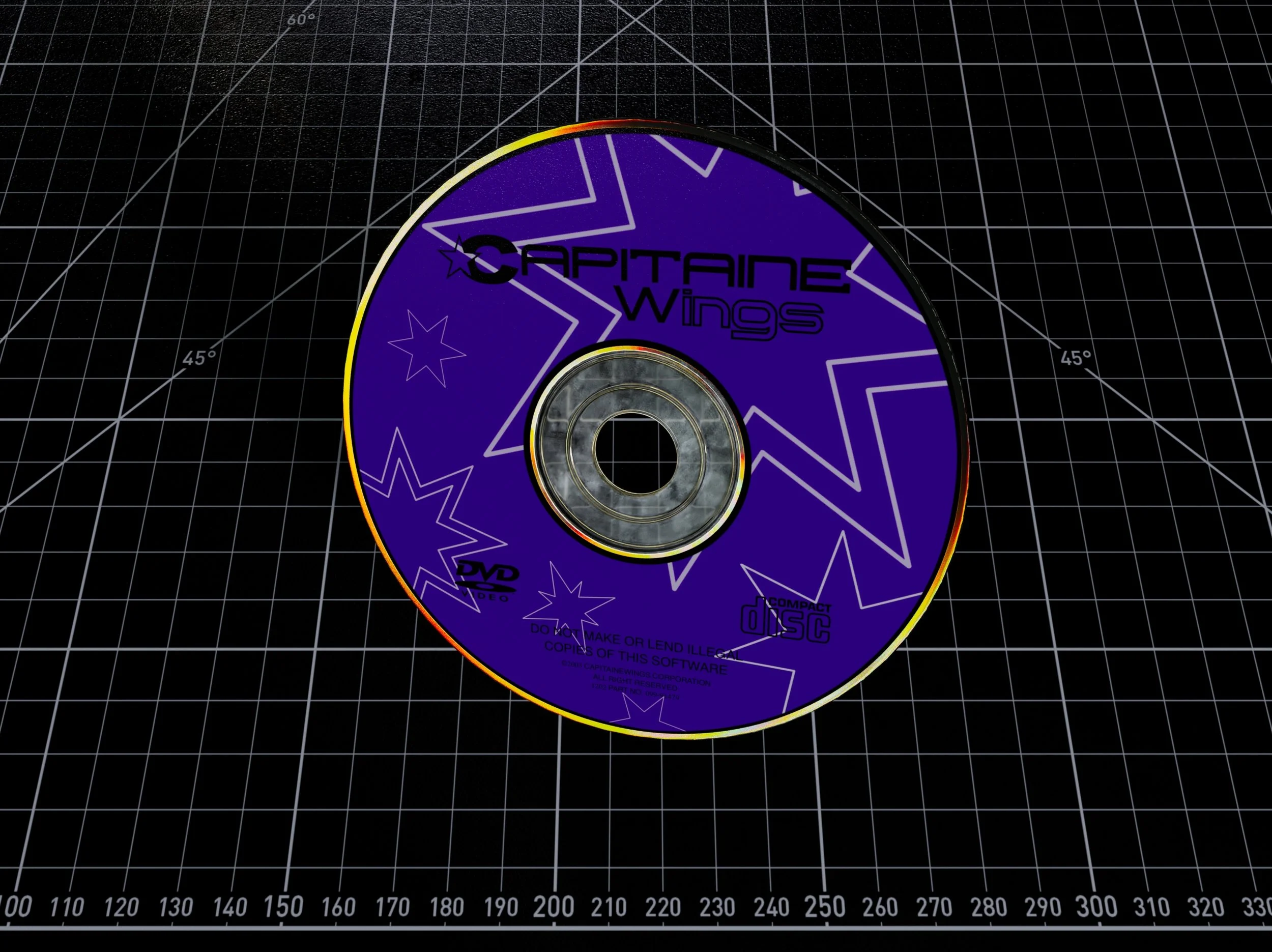 Un disque de DVD violet avec des étoiles blanches et le nom 'Capitaine Wings' écrit dessus, posé sur une grille de fond en 3D.