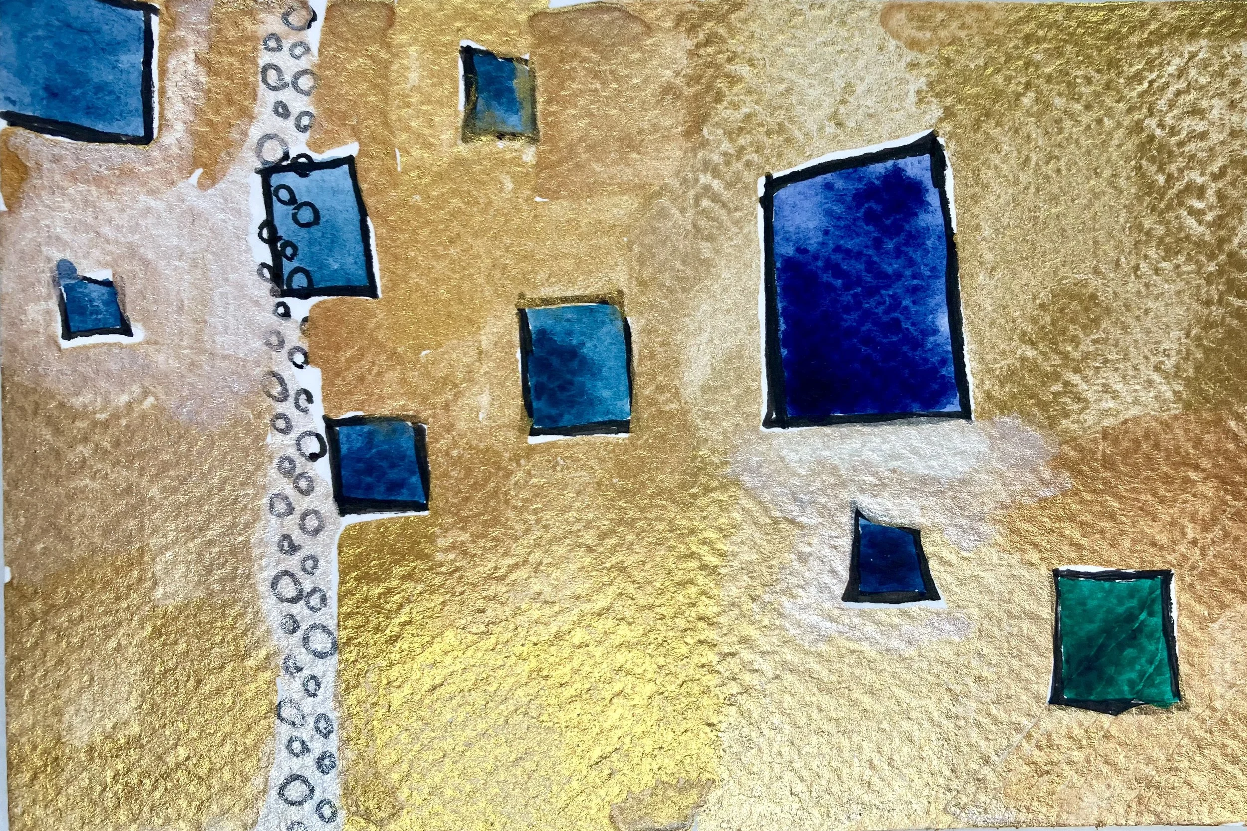 A painting with a gold background, featuring various blue and green rectangles outlined in black, with some white and gray areas and bubble-like circles.