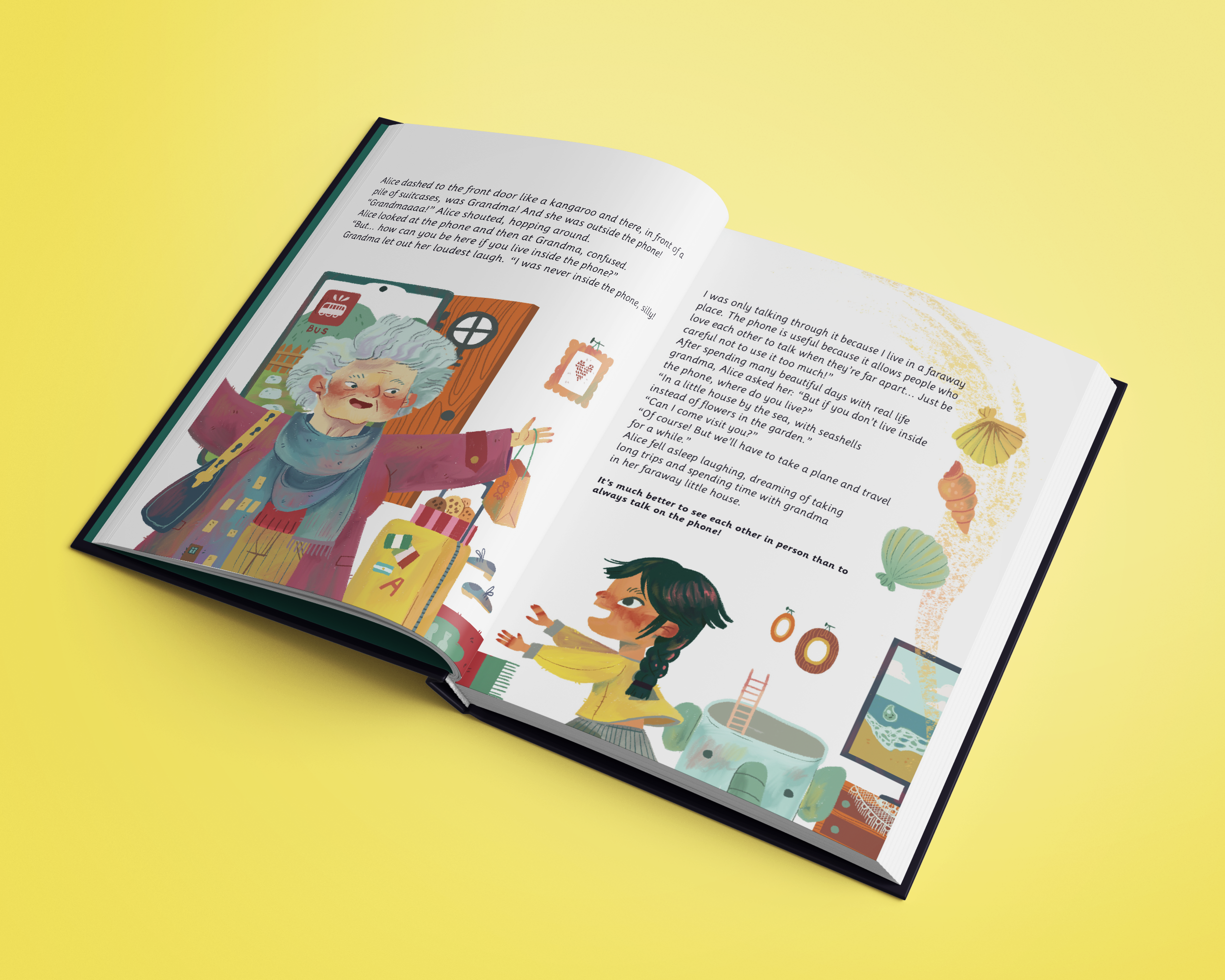 Open book with colorful illustrations of an elderly woman with gray hair, a young girl, beach scene, shells, and ice cream, on a yellow background.