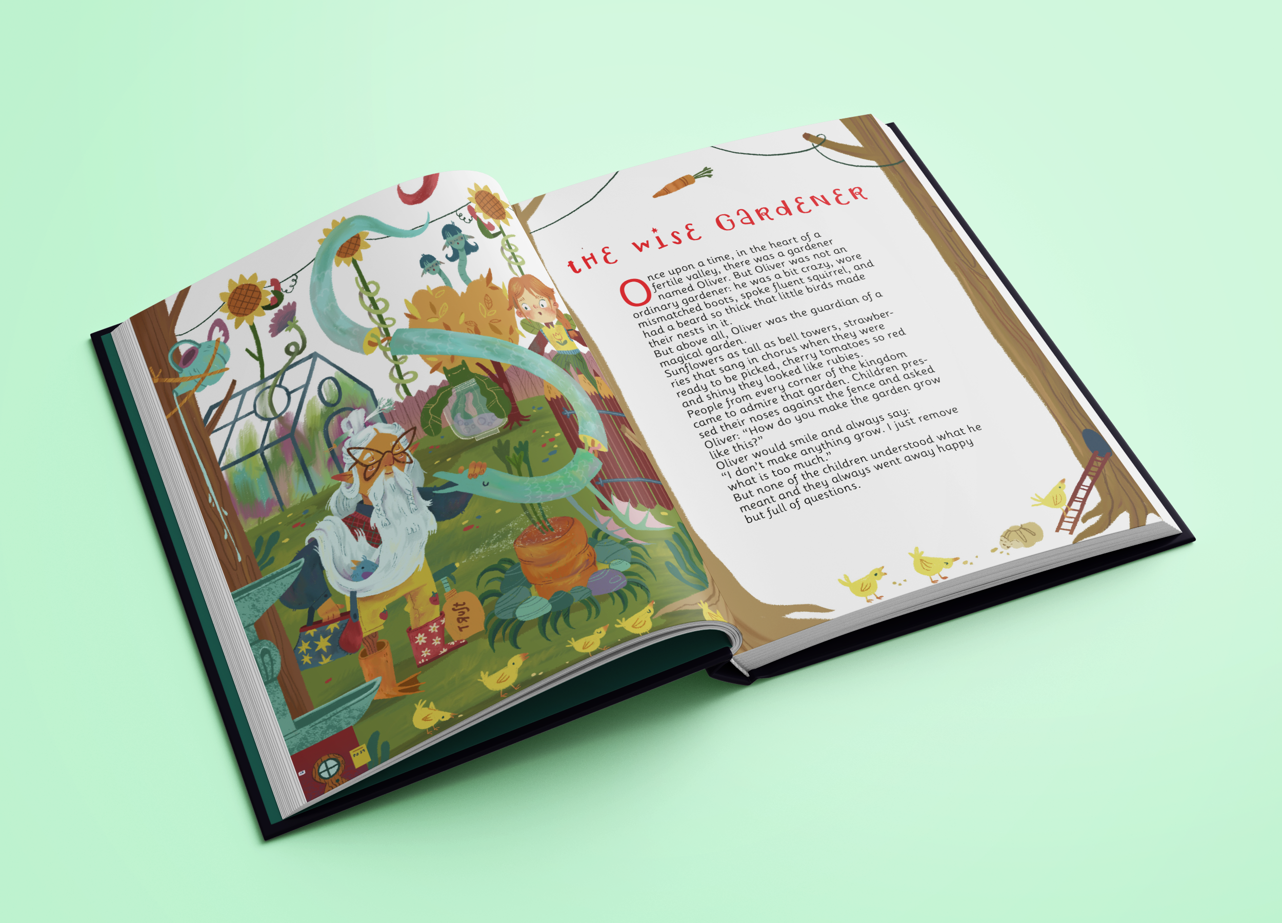 An open illustrated children's storybook titled "The Wise Gardener," depicting a garden scene with a wise old man with glasses, a long white beard, and a red plaid shirt, tending to a large, twisting snake-like plant surrounded by yellow ducklings, trees, and garden elements.
