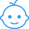 Simple blue line drawing of a smiling baby's face with rounded cheeks and big eyes