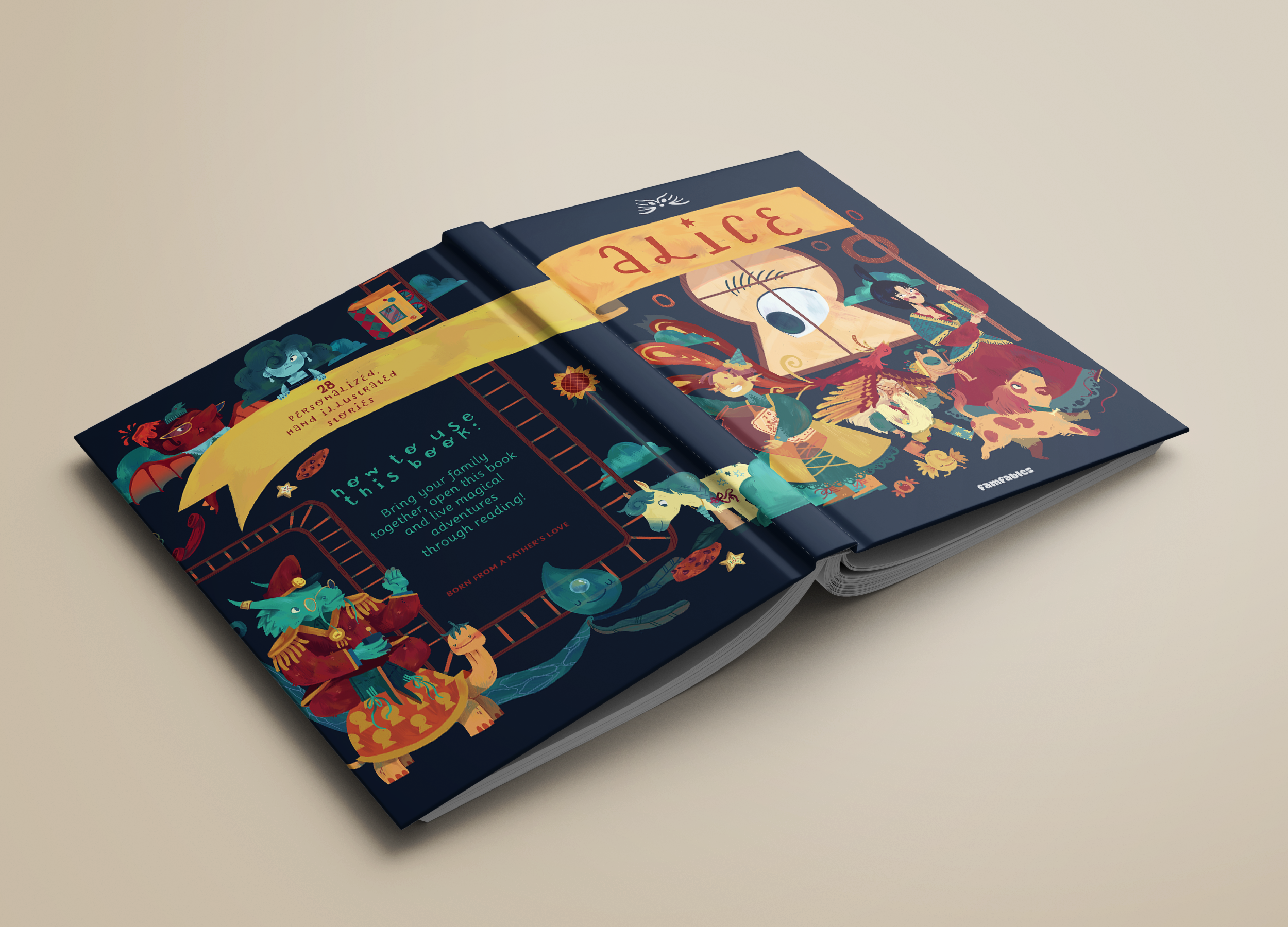 Open illustrated children's book with colorful dragons, knights, and fantasy creatures on dark background, titled 'Alice'.