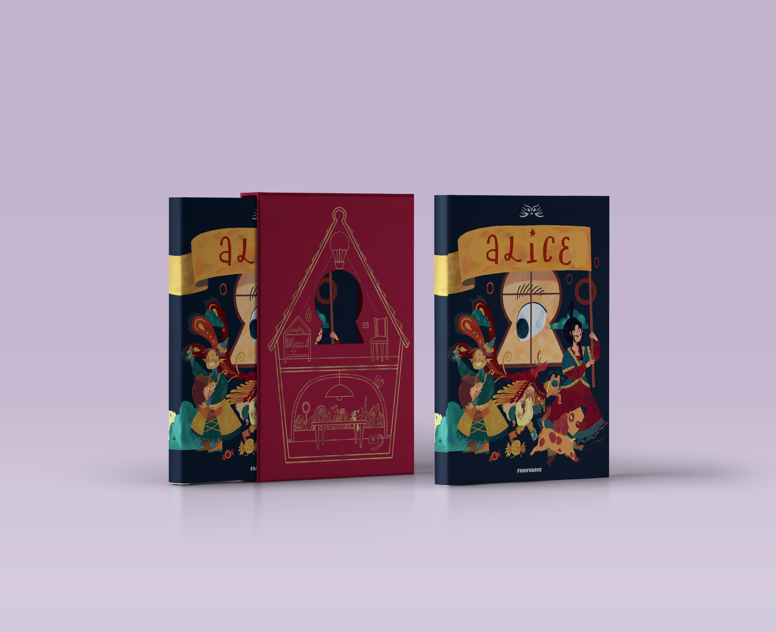 Three illustrated books with colorful fantasy characters on the covers, set against a light purple background.